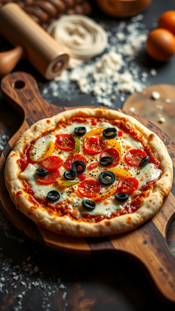 Homemade pizza with golden crust and colorful toppings on a wooden board.